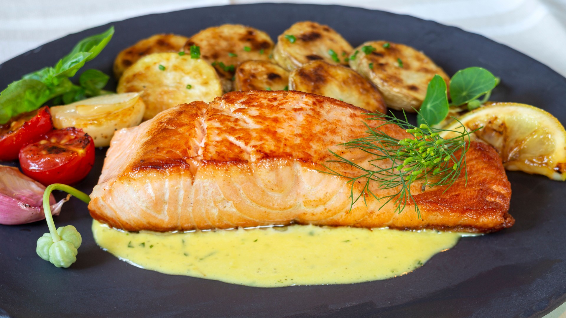 Grilled salmon on plate